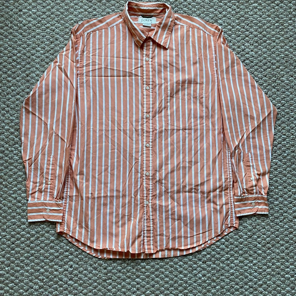 J Crew Mens Orange Peach Long Sleeve Striped Button Shirt Size Medium